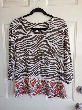Chico's Brown and White Zebra Print V-Neck Rayon Tunic with Tribal Hem Size 3